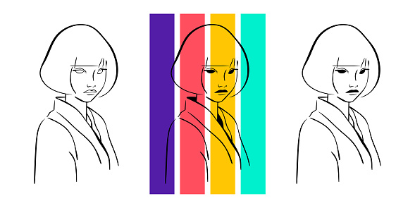 Vector illustration of a set of three portraits of an asian woman in different colors and ink line art.