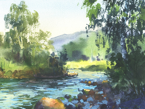 Watercolor landscape with river, trees, birch in the foreground, and mountains in the background.