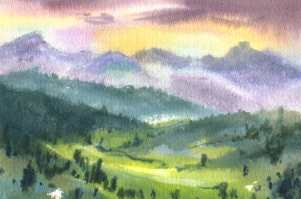 istock Hand drawn watercolor background. Landscape, hill, mountain, sunlight through the cloud, sky. Orange sunrise, sunset 1479553983