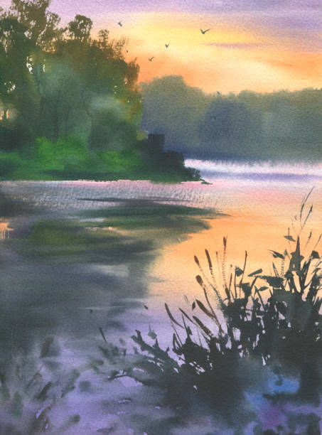 istock Colorful bright hand drawn watercolour sketch drawing on paper backdrop on gloaming heaven. Quiet gentle romantic springtime light daybreak scene 1479553984