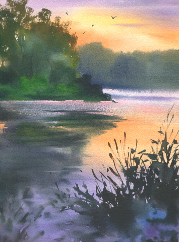Colorful bright hand drawn watercolour sketch drawing on paper backdrop on gloaming heaven. Quiet gentle romantic springtime light daybreak scene.