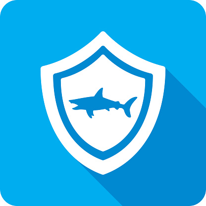 Vector illustration of a shield with shark icon against a blue background in flat style.