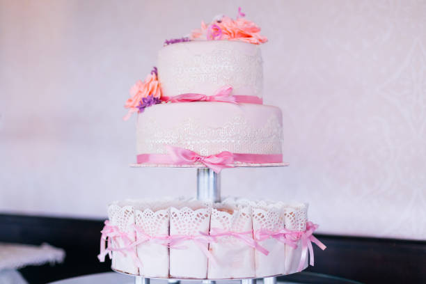 istock chic wedding cake on a three-tier stand. cake decorated with rib 1479554585
