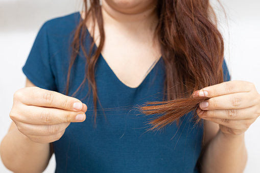 Unrecognizable long red haired woman in blue shirt holding bunch of hair in hand and turning one hair item on white studio background. Hair loss and alopecia problem. Healthcare, poor immune system