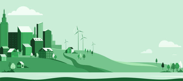 ilustrações de stock, clip art, desenhos animados e ícones de eco city landscape vector background. green simple minimal town with buildings, windmill, solar energy, sky, river, hills and trees. urban ecology concept. copy space - road street hill landscape