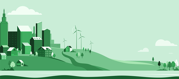 Eco city landscape vector background. Green simple minimal town with buildings, windmill, solar energy, sky, river, hills and trees. Urban ecology concept. Copy space.