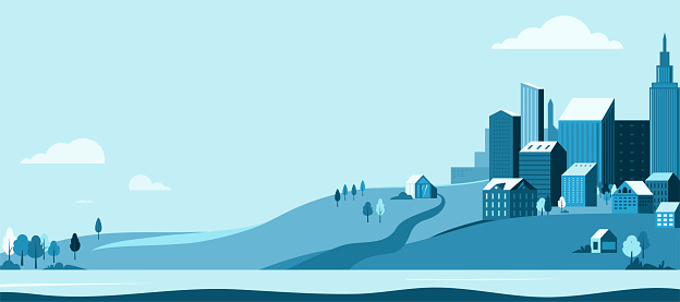 City landscape vector background. Simple minimal town with buildings, sky, river, hills and trees. Urban concept. Copy space.