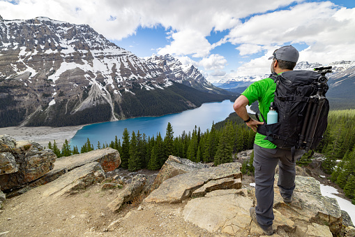 Young Man Looking at the View of Peyto Lake in Banff National Park, Alberta, Canada.