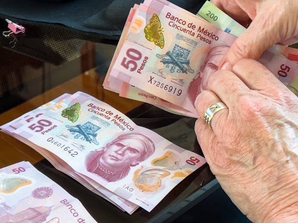 Senior woman counting money, Mexican pesos stock photo