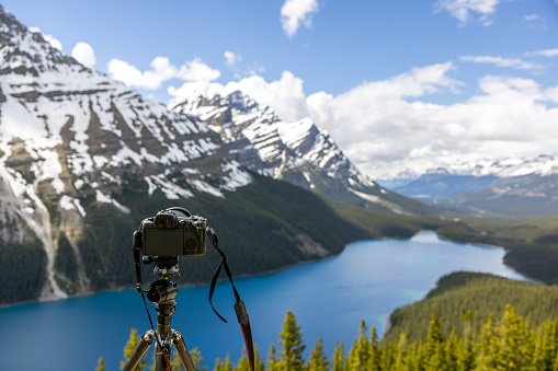 Camera on Tripod Looking at the View of Peyto Lake in Banff National Park, Alberta, Canada