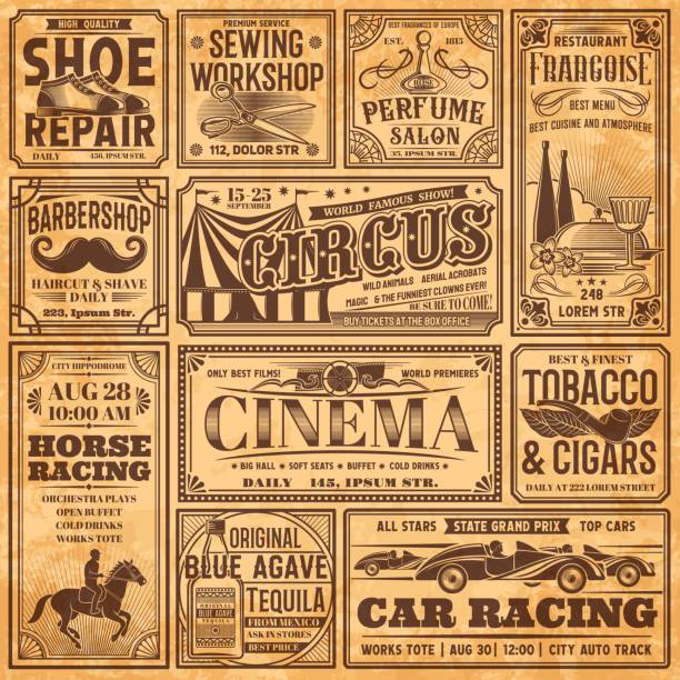 Vintage newspaper banners, old retro advertising Vintage newspaper banners, old advertising on retro paper, vector background. Vintage newspaper page with news and ad posters of circus, cinema, tobacco shop and barbershop or shoe repair workshop old newspaper stock illustrations