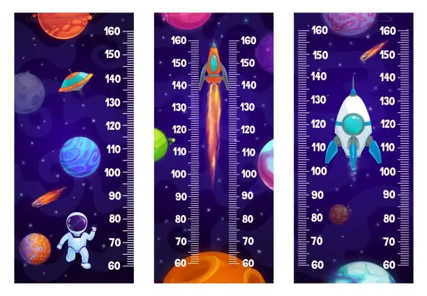 Vector illustration of Kids height chart ruler, space planets, astronaut