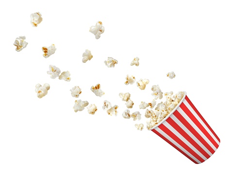 Popcorn flakes flying to bucket, realistic popcorn box isolated on white vector background. Popcorn splash from red white striped bucket for cinema snack or movie theater fast food menu