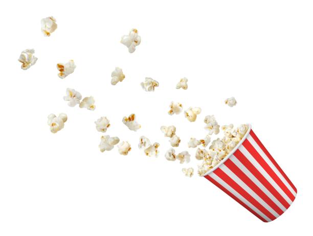 Popcorn flakes flying to bucket, realistic popcorn Popcorn flakes flying to bucket, realistic popcorn box isolated on white vector background. Popcorn splash from red white striped bucket for cinema snack or movie theater fast food menu popcorn stock illustrations
