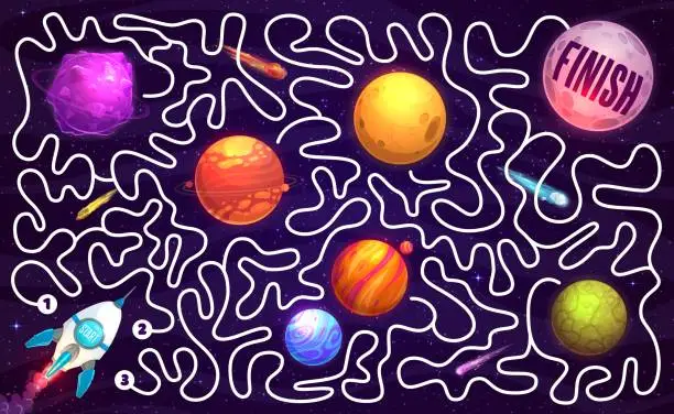 Vector illustration of Galaxy labyrinth maze cartoon space planets, stars