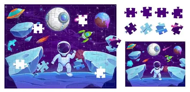 Vector illustration of Space landscape and astronaut, jigsaw puzzle game