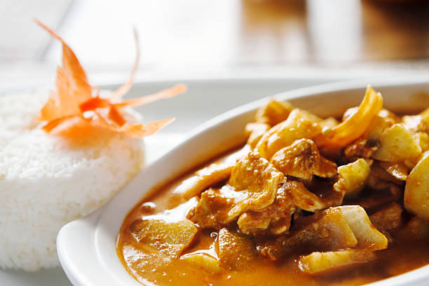 carne vermelha tailandesa e curry, guarnecido com um sanduíche de cenoura borboleta - beef bowl curry dish curry sauces - fotografias e filmes do acervo