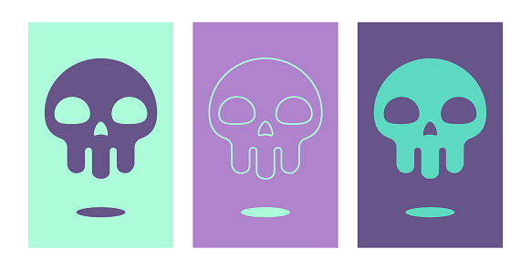Vector illustration of a collection of three human skulls with vibrant colors and colored backgrounds.