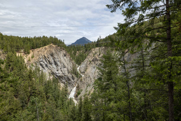 People Walking Over Wooden Suspension Bridge, British Columbia, Canada. There is a river under the bridge and The Canadian Rockies in the background.