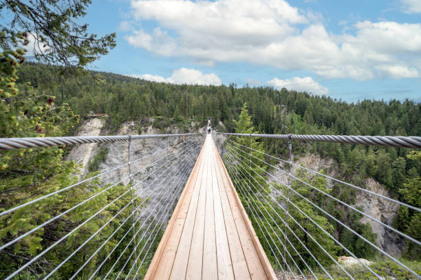 Suspension bridge over the mountain river Striy in the Carpathian National Park
