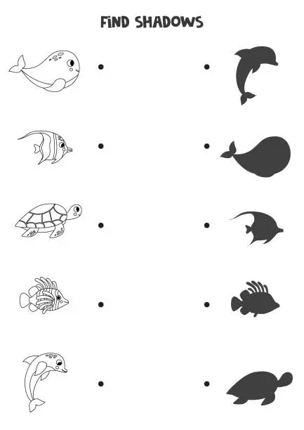 Vector illustration of Find the correct shadows of black and white sea animals. Logical puzzle for kids.