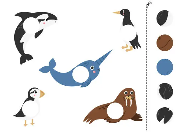 Vector illustration of Cut and glue game for kids. Cute arctic animals.