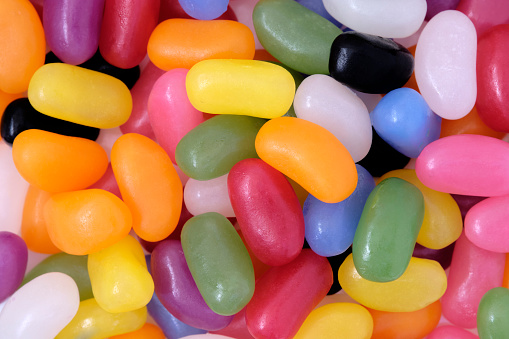 Colorful photograph of assorted jelly beans. Tasty treat, great background image.