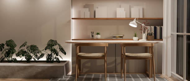 istock Modern contemporary home workspace interior design with a minimal wood table 1479585978