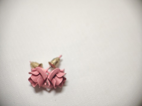 simple pair earrings, with pink beads, in the shape of a rose petal blooming at the end, locally made, suitable for wedding girls' earrings