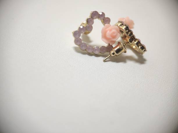 cute teen earrings vintage heart-shaped, pink in color, has pink rose-shaped beads, very cute worn by teenagers aged 12-16, white background