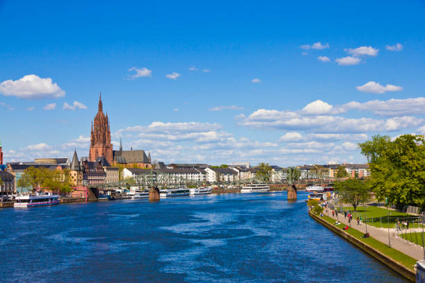 Frankfurt panoramic view across River Main bridge to skyscrapers Germany.