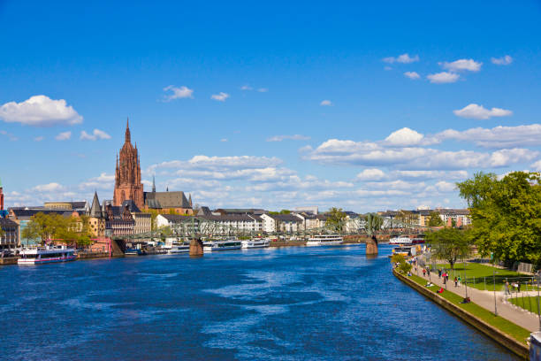 Frankfurt panoramic view across River Main bridge to skyscrapers Germany. Frankfurt panoramic view across River Main bridge to skyscrapers Germany. mainz stock pictures, royalty-free photos & images