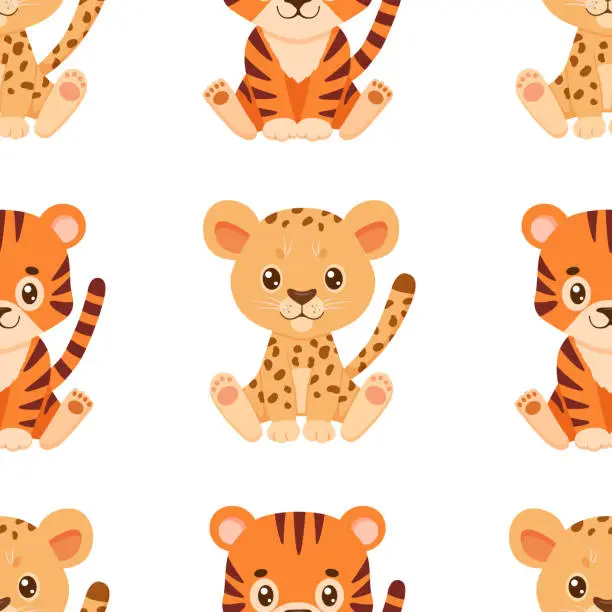 Vector illustration of Seamless cartoon childish pattern. Cute tiger and cheetah. Drawing african animals on white.