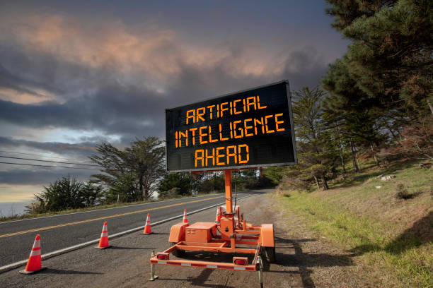 istock Artificial Intelligence AI, road sign with digital words with storm clouds. Concept for danger and warning of technology 1479589742