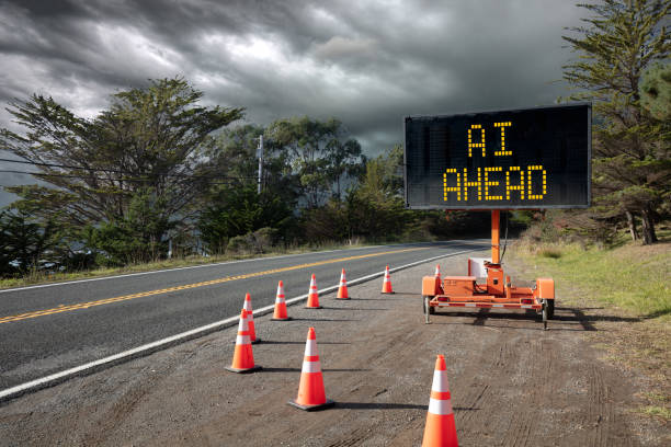 Artificial Intelligence AI, road sign with digital words with storm clouds. Concept for danger and warning of technology