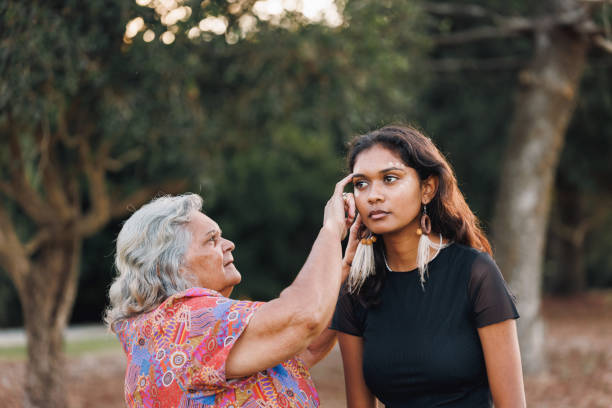 Aboriginal Australian Grandmother and Granddaughter stock photo