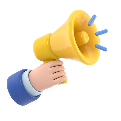 Maqueta de icono de gesto de dibujos animados.3d mano sosteniendo un icono realista de megáfono amarillo, representación 3D sobre fondo blanco. photo
