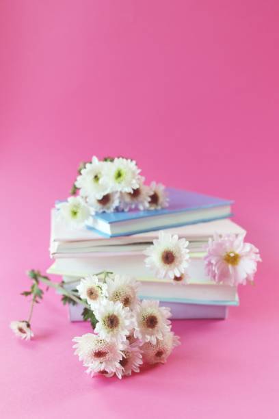 istock A stack of books with bookmarks from fresh chrysanthemum flowers, on a pink background 1479597422
