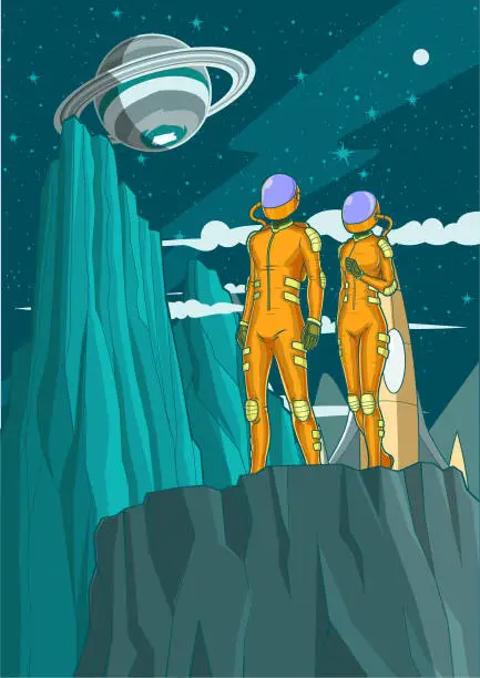 Vector illustration of Vector Anime Style Astronaut Couple Exploring a Planet Poster Stock Illustration