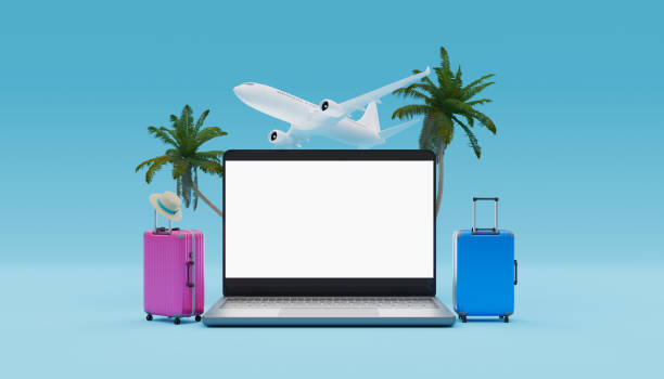 istock A mockup of a laptop screen between suitcases, with an airplane flying over it. 3d rendering 1479600632