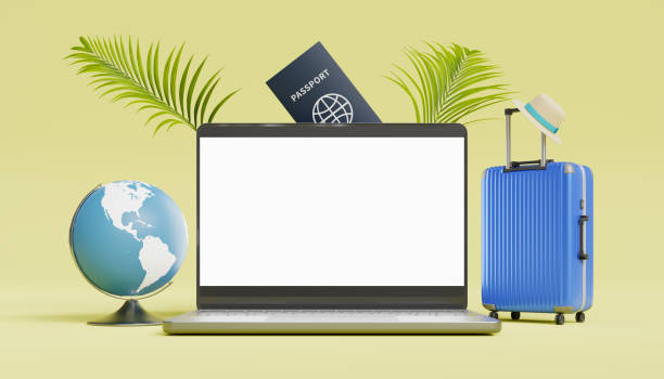 istock Mockup of a laptop screen between a globe and a suitcase. 3d rendering 1479600633
