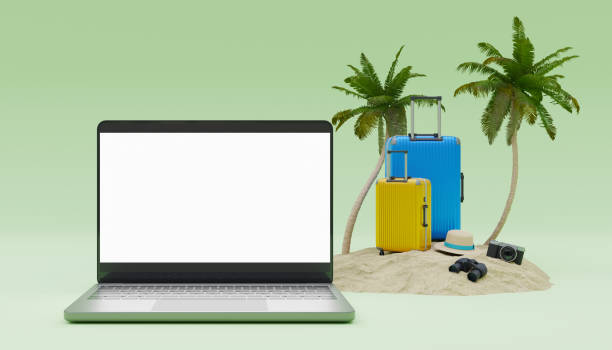 istock Laptop screen mockup background with palm trees and suitcases next to it on beach sand. 3d rendering 1479600635