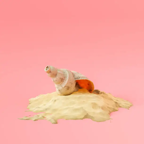 3D render illustration of seashell on top of smooth sand pile against pink background