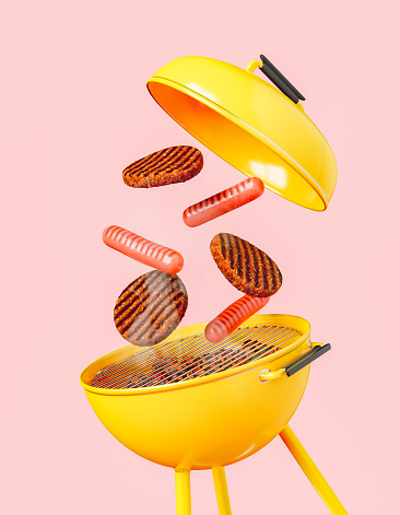 3D render illustration of tasty patties and sausages levitating over yellow grill during cooking process against pink background