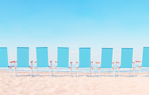 3D render illustration of bright blue beach chairs placed in row against cloudless sky and ocean