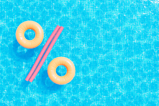3D render illustration top view of colorful inflatable ring with pool noodles floating in water representing sales concept