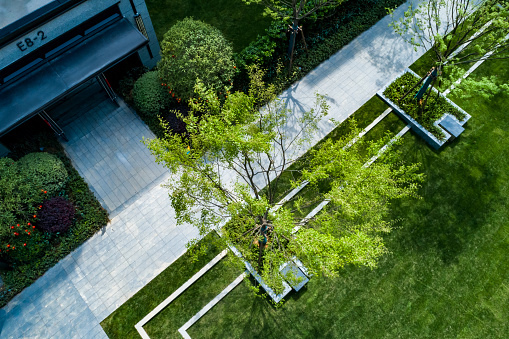 Aerial view of stone road garden landscape in modern residential complex