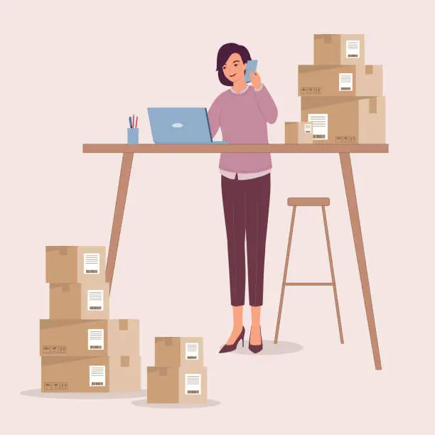 Vector illustration of Businesswoman With Laptop And Mobile Phone Managing Purchase Order.