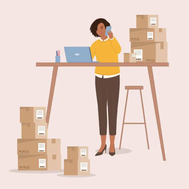 Vector illustration of Black Businesswoman With Laptop And Mobile Phone Managing Purchase Order.