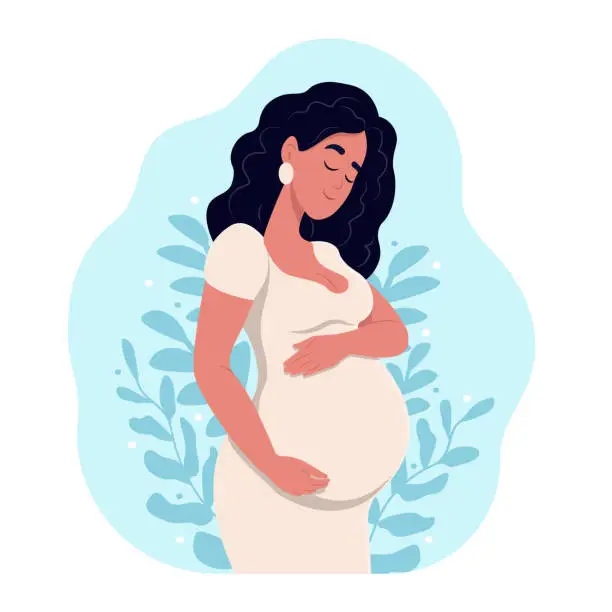 Vector illustration of Healthy pregnancy. Beautiful pregnant black woman hugs her belly. The concept of pregnancy and motherhood. Healthy pregnancy. vector illustration for doula, midwife, doctor.